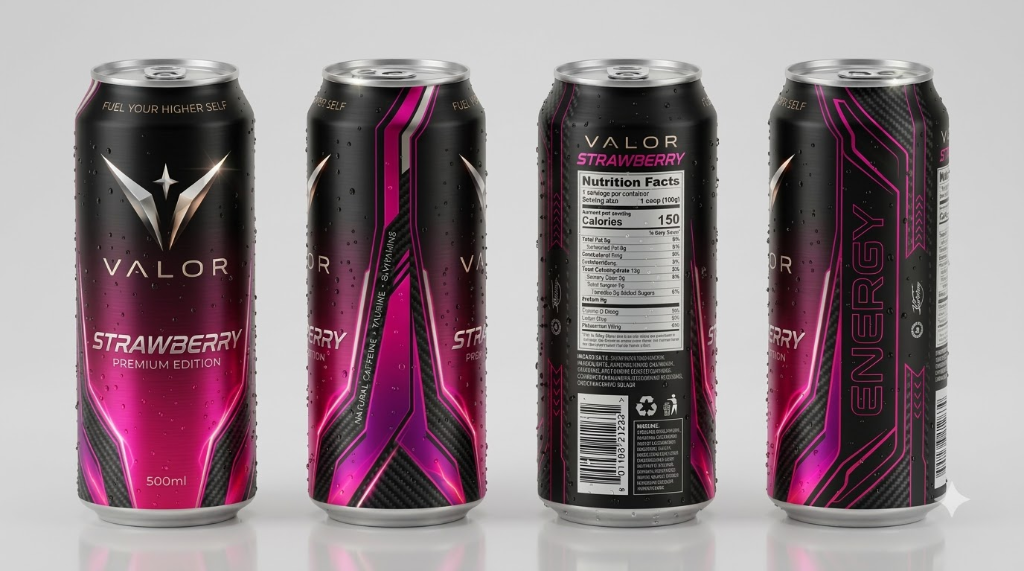 VALOR Strawberry Premium Edition 500 ml can displayed across four studio angles: Front View, Left Profile, Right Profile, and Back Nutrition Architecture