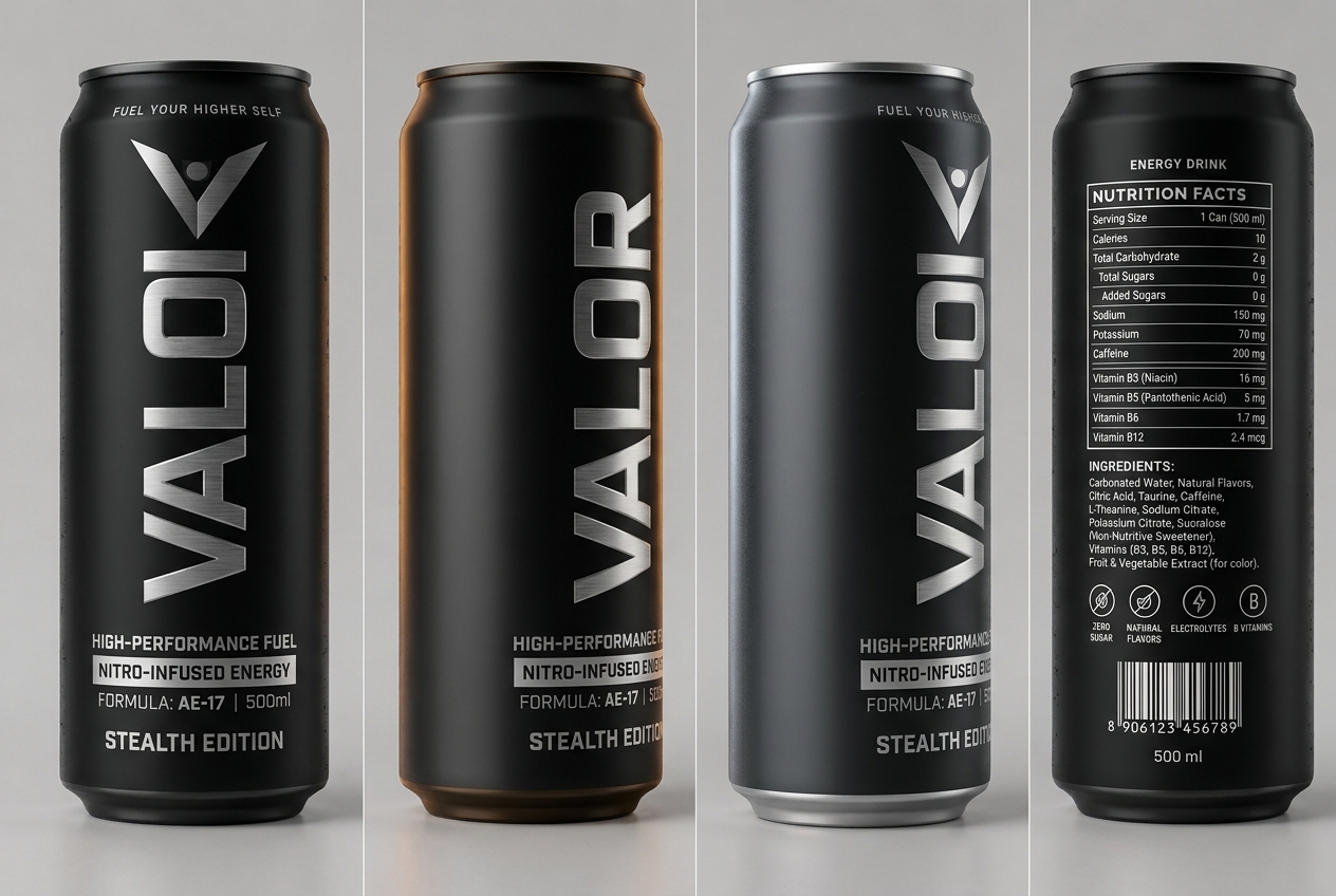 VALOR Original Stealth Premium Edition 500 ml can displayed across four studio angles: Front View, Left Profile, Right Profile, and Back Nutrition Architecture