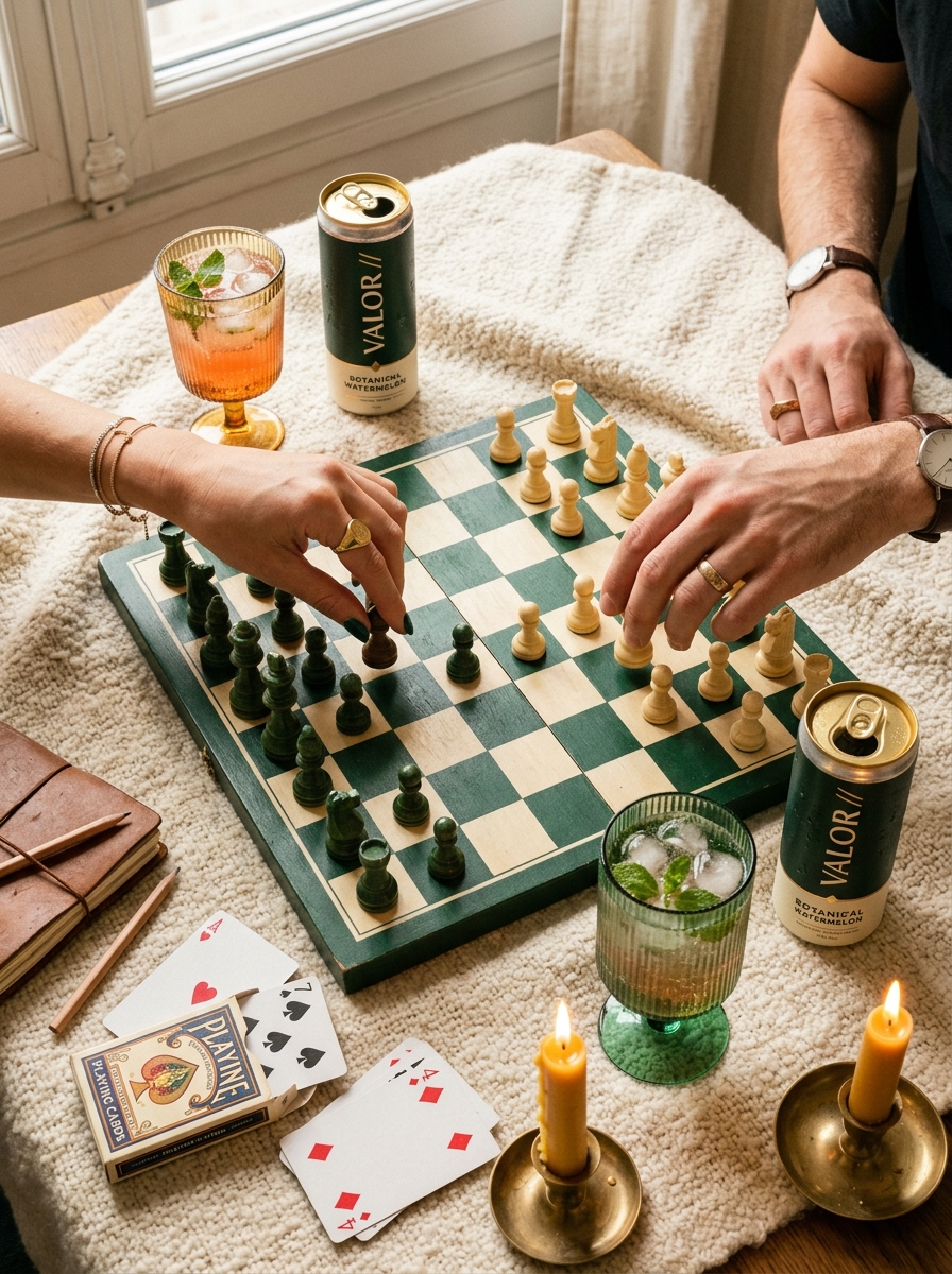 Checkered Chess Board with VALOR Cans and Ribbed Glassware